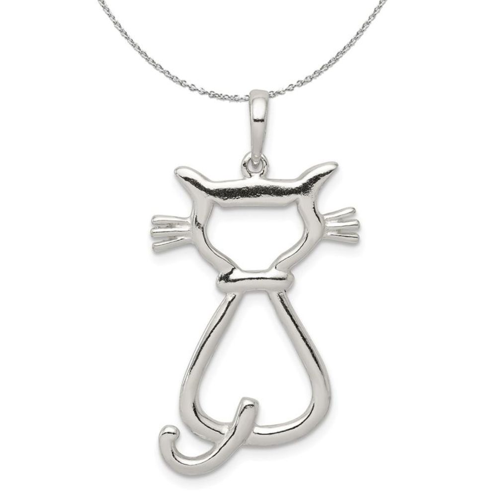 Sterling Silver 25mm Polished Cat Silhouette Necklace - 18 Inch
